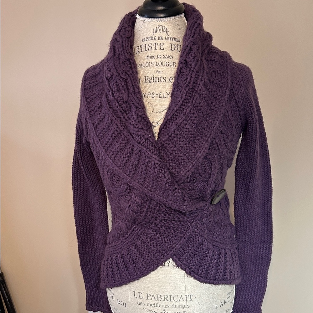 Cable Knit Cardigan, Criss-crossed, Toggle Closure, Purple (size medium)